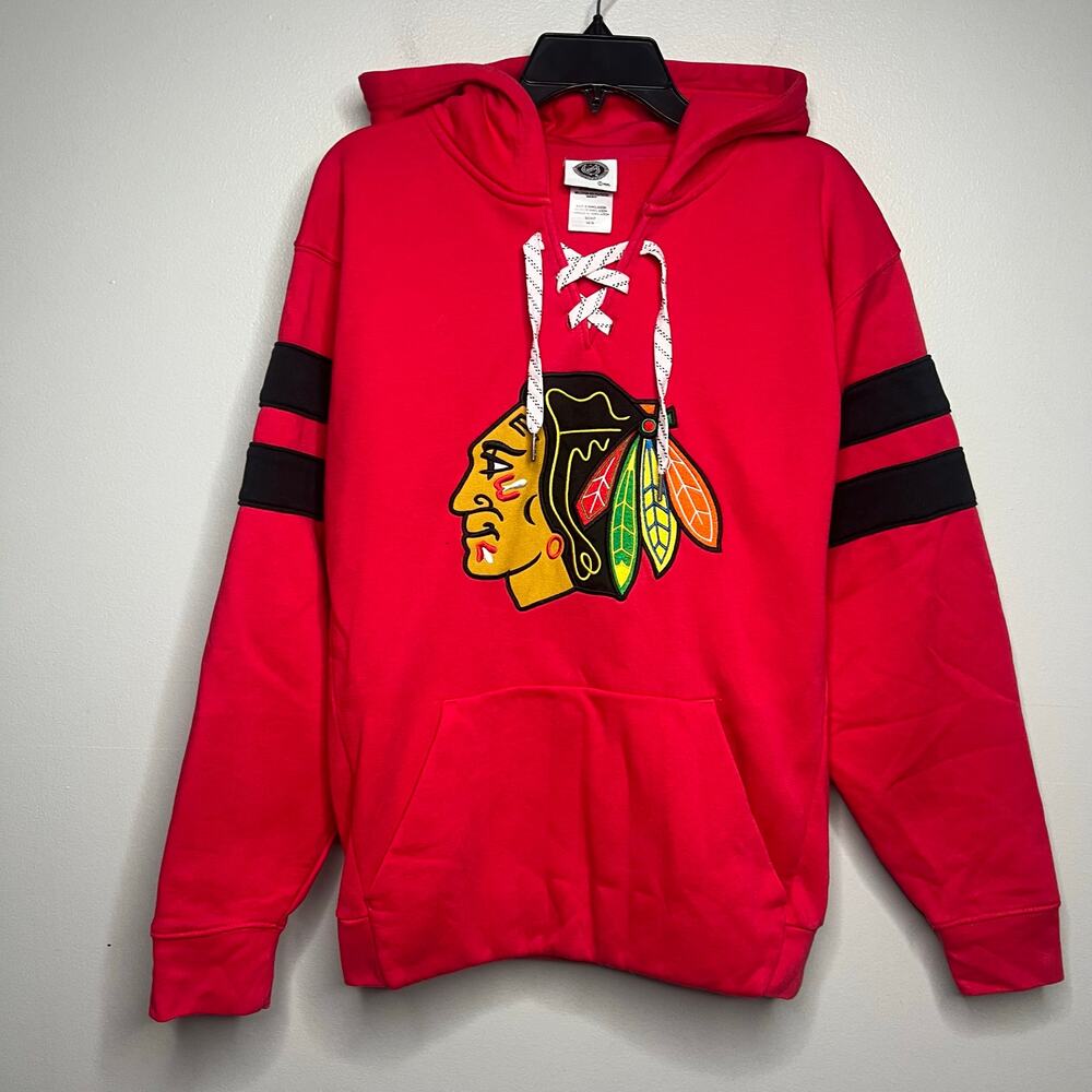 NHL Chicago Blackhawks Lace Up Hoodie Red Mens Small Embroidered Logo Sweatshirt - Picture 2 of 10